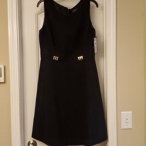 Tahari black sheath dress with gold accents